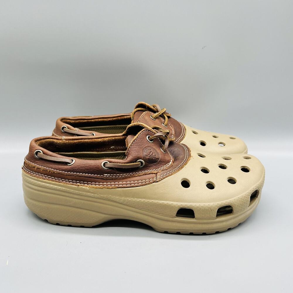 Crocs Shoes Womens 11 Beige Leather Islander Pitcrew Boat Clogs Slip On Walking
